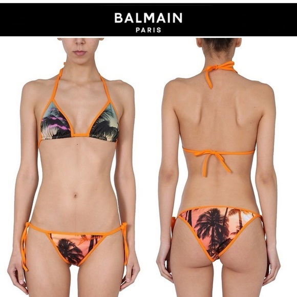 Balmain Sunset Print Bikini Set Palm Tree In Orange Polyamide Sz 42 Us 10